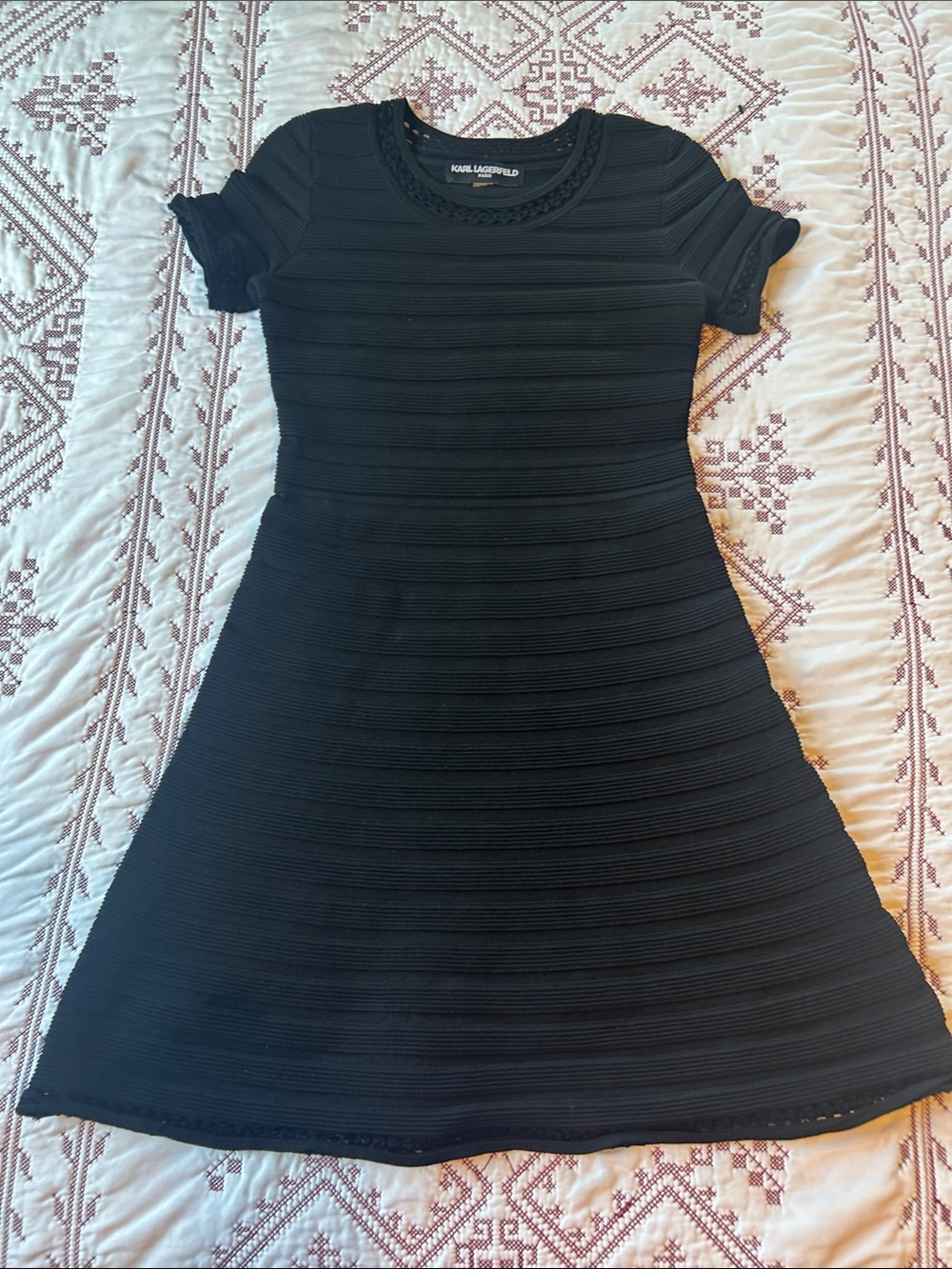 Karl Lagerfeld Black Textured Fit-and-Flare Short-Sleeve Dress